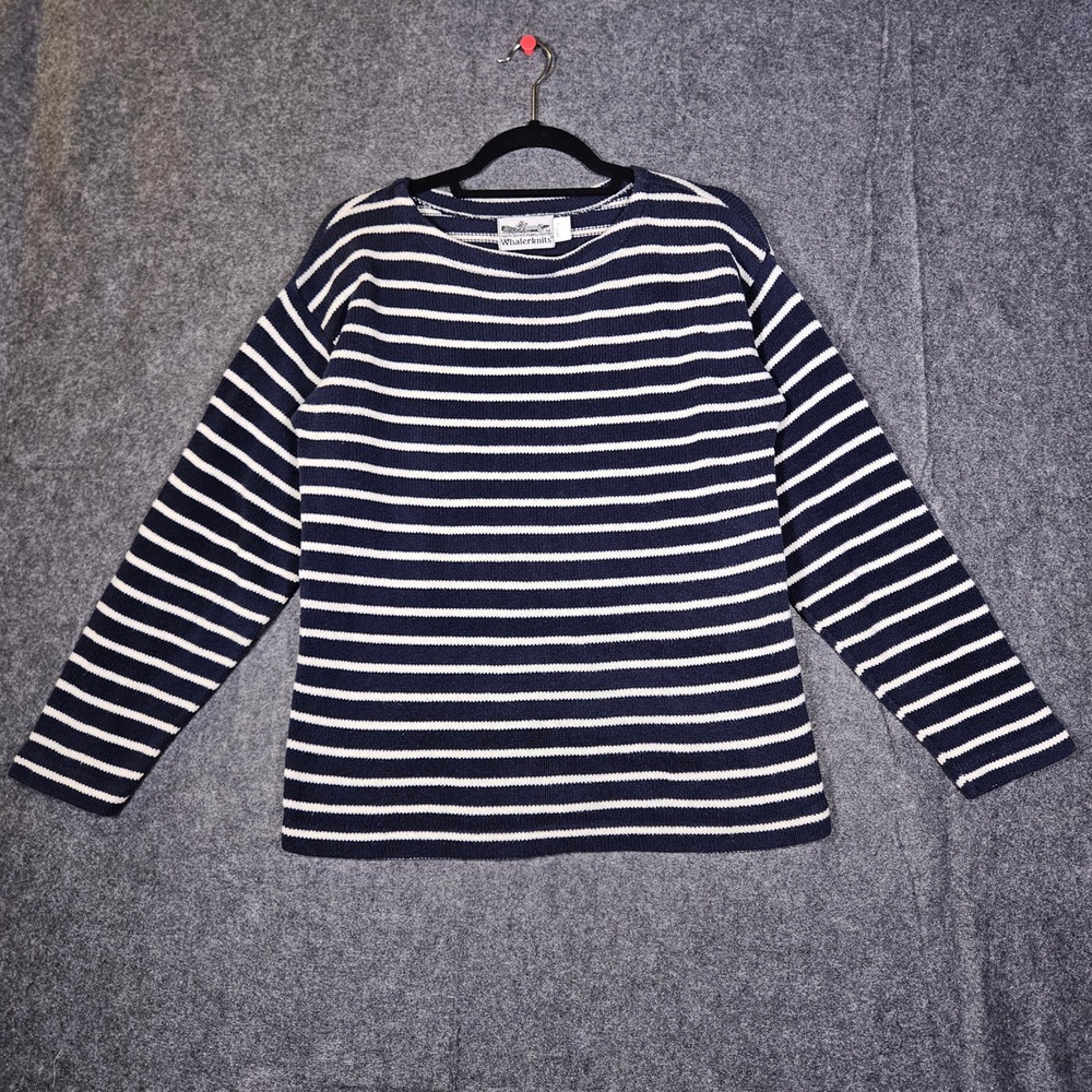 Whalerknits Women Blue Striped Sweater Cotton Nautical Coastal Boat Neck Sz XS